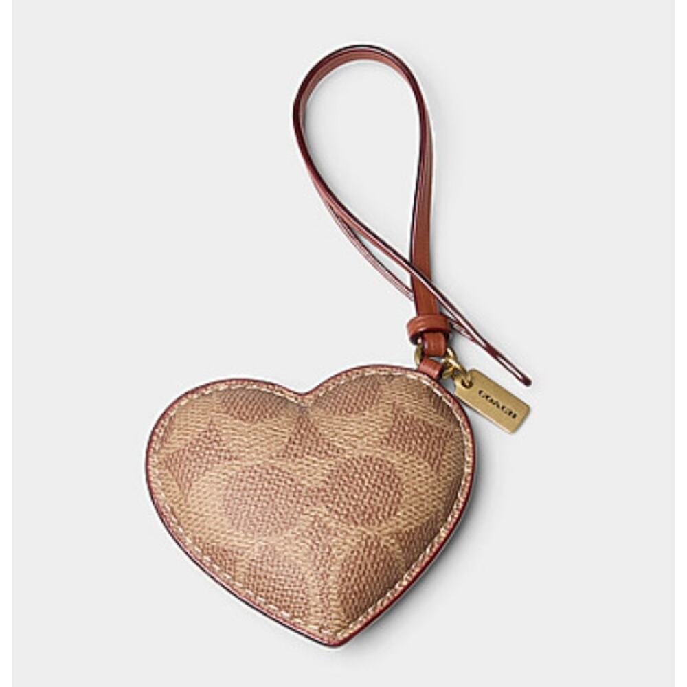 Coach Puffy Heart Bag Charm Signature Canvas Tan Brown Leather Keychain